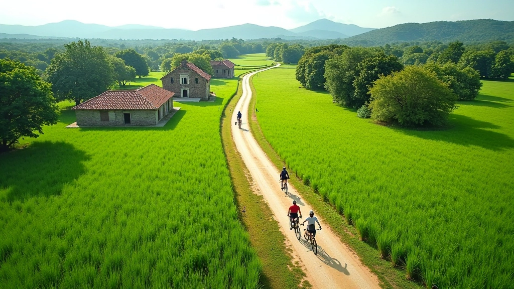 Vista aérea de sendero ciclista bordeando campos verdes con estructuras de piedra de ingenio azucarero a distancia