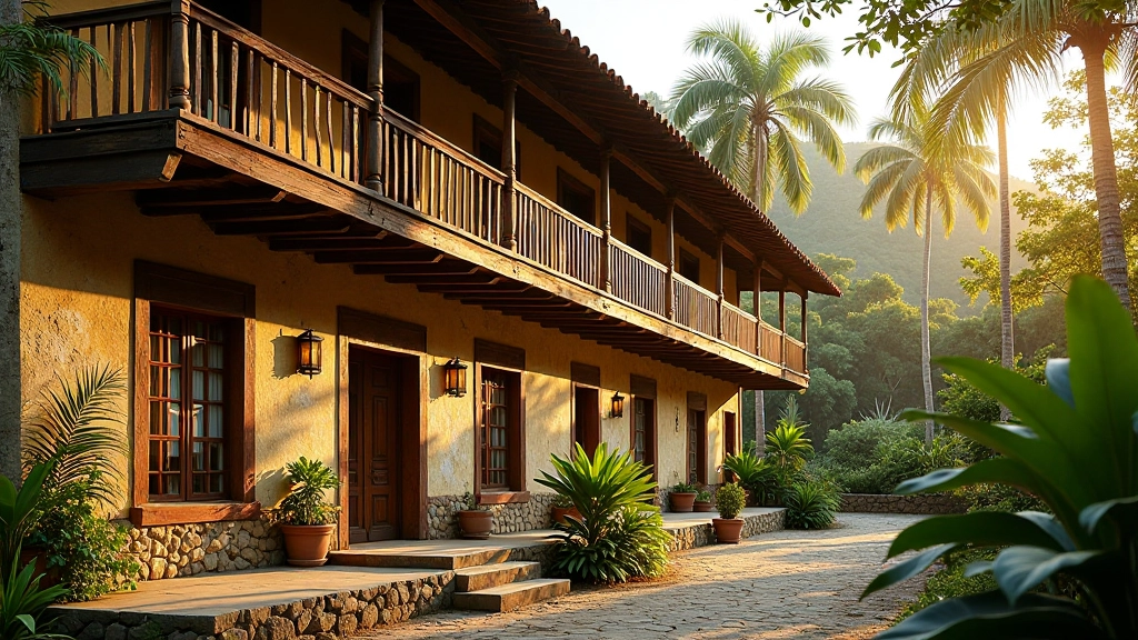 Fachada colonial de hacienda con detalles arquitectónicos de madera y vegetación tropical