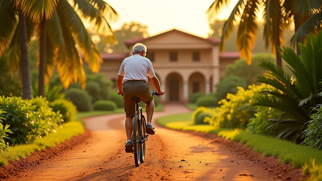 Ciclista adulto mayor en sendero de tierra roja frente a hacienda histórica, vegetación exuberante, luz de tarde