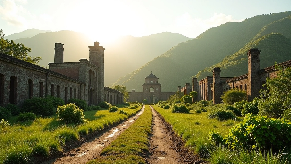 Panorámica de ruinas de central azucarera con múltiples estructuras, vegetación crecida, fotografía de arqueología industrial